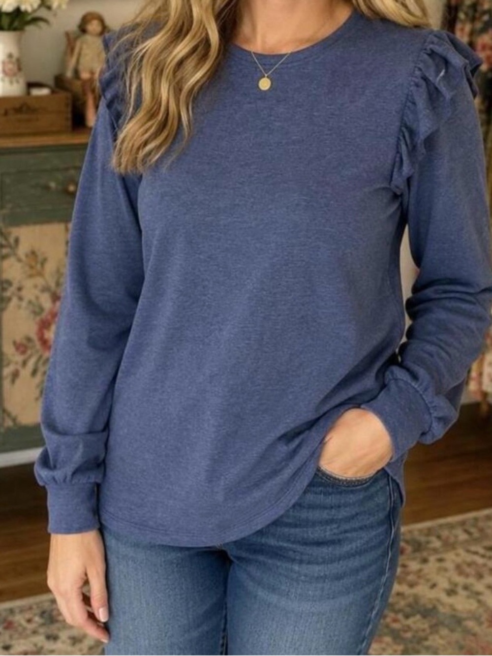 Matilda Jane Indigo Ruffle-Shoulder Long Sleeve Top
